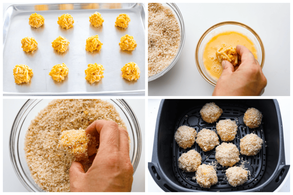 These air fryer mac and cheese balls are crunchy, gooey, and full of delicious cheesy flavor! They are sure to be a hit with your kids or dinner guests, and you'll get this recipe requested again and again. 4 pictures showing how to roll your Mac and cheese into balls, dip them in the breadcrumb mixture and add them to an air fryer basket.