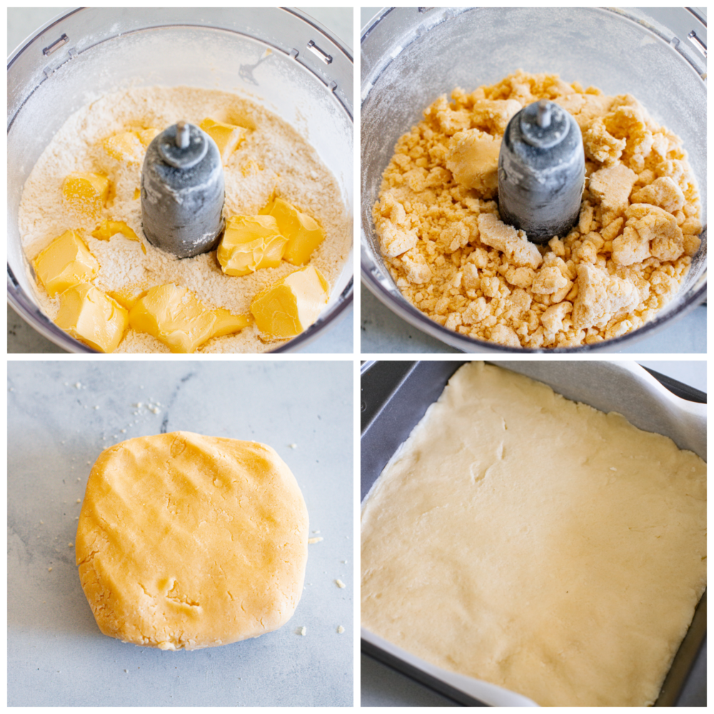 Traditional Scottish shortbread is buttery, crispy, and lightly sweetened to perfection. Simply made with butter, flour, sugar, and salt, this classic treat can easily be made for the holidays or any time of year. First process shot is dry ingredients in a food processor with the butter added in on top. Second photo is the ingredients blended into a pea-size pieces. Third process photo is the dough formed into a ball to chill. Fourth process photo is the dough pressed into a square pan before baking.