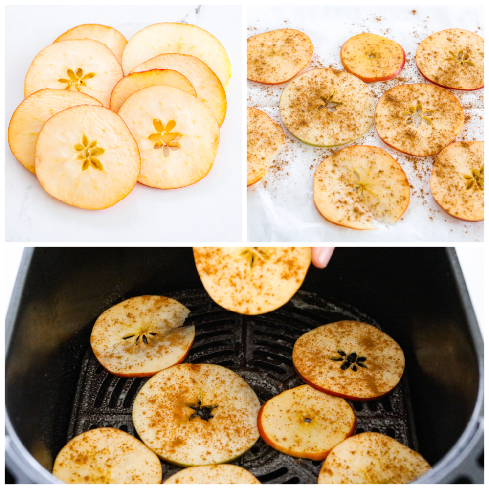 Air fryer apple chips are a healthy and delicious snack easily made in the air fryer. All you need is apples and spices and you can enjoy the sweet crisp of apple chips in just minutes! First photo is sliced apples. Second photo are apples sprinkled with spices. Third photo is the apple slices being placed in the air fryer basket.