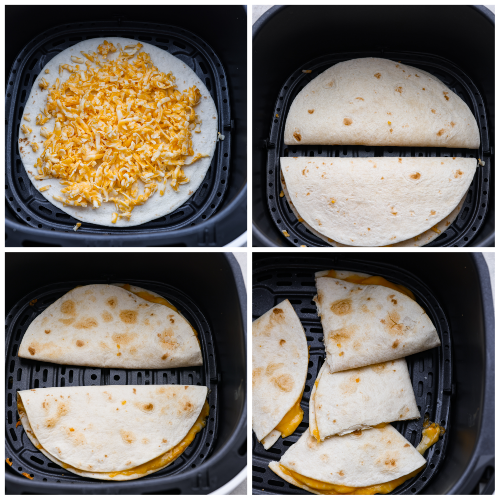 This air fryer quesadilla is the BEST and ONLY way to make a quesadilla. A perfectly crisp tortilla on the outside bursting with cheesy goodness on the inside, you will love how easy you can make a quesadilla in just minutes! First photo is a tortilla with shredded cheese on top in an air fryer basket. Second photo is to folded tortillas next to each other in the basket. Third photo is two cooked quesadillas in the air fryer basket. Fourth photo is the air fryer quesadilla cut into triangles and placed in the air fryer basket.