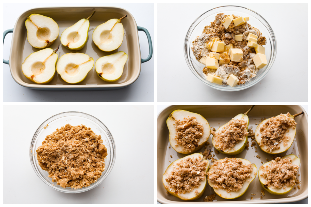 Topped with oats, brown sugar, and cinnamon, these baked pears make the perfect low-calorie cobbler-like treat! Serve them with a side of ice cream for a delicious dessert, or eat them in the morning with some yogurt for a perfectly sweet start to your day. 4-photo collage of pears being cut in half and cored and brown sugar cinnamon topping being prepared.