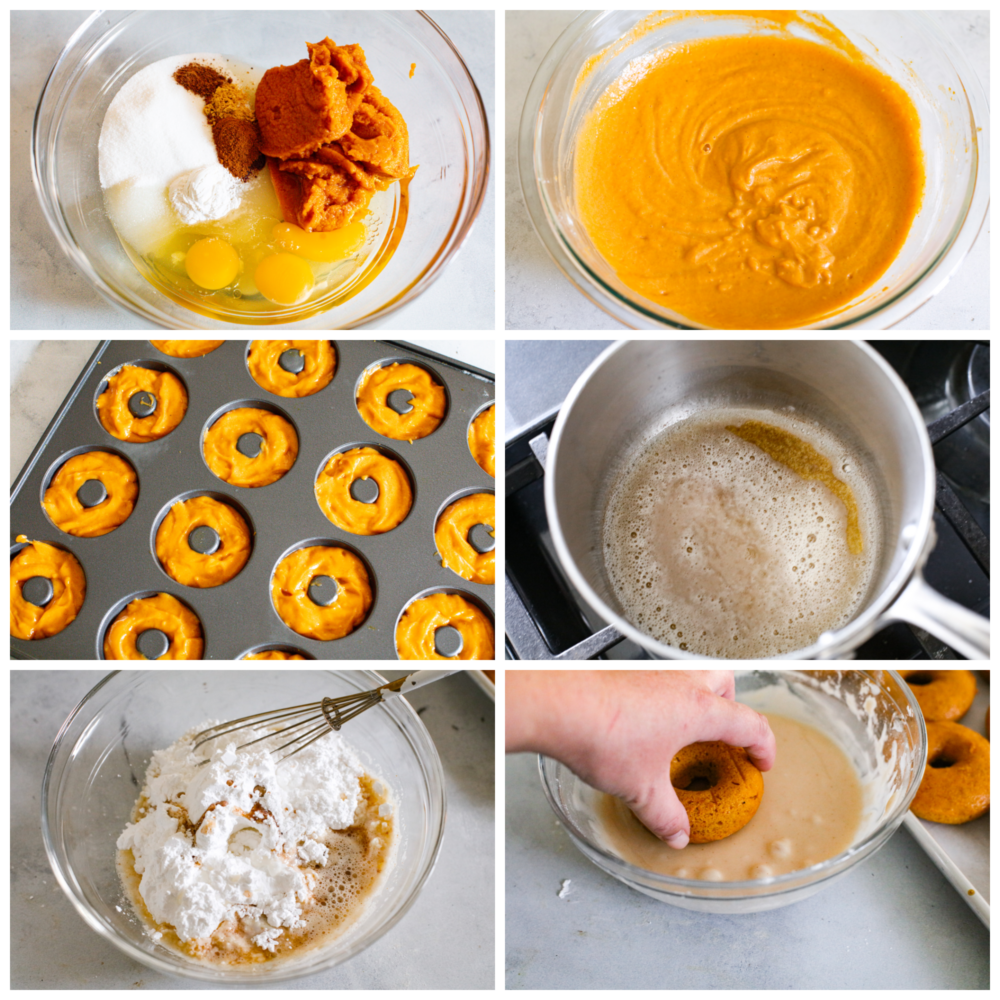 Meet your new favorite fall treat- moist, spiced pumpkin donuts covered in a decadent brown butter glaze! They cook in 15 minutes for a quick and delicious fall breakfast or dessert. With how amazing they are, they'll disappear in no time! 6-photo collage of the batter and frosting being prepared.