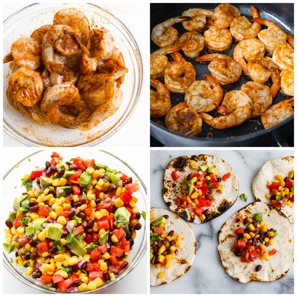 I recommended eating the assembled tacos the same day. If you have leftover shrimp or slaw, you can store in separate air-tight containers in the fridge for up to 2 days. When itโs time to reheat the shrimp, microwave them for about 1 to 2 minutes until they heat through. Or you can place them in a nonstick pan with about a teaspoon of oil and cook for about 1 to 2 minutes until they have heated through. 4 pictures showing how to season and cook the shrimp and how to make the avocado salsa and add it to a tortilla.