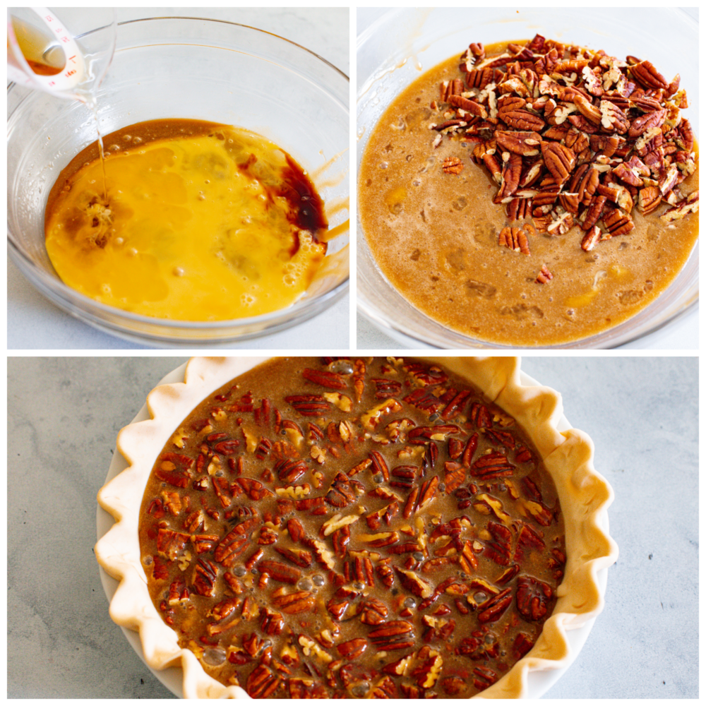 This gooey Bourbon Pecan Pie is a delicious twist on a classic! The alcohol will cook out while baking and you are left with rich flavor and a sweet filling that will leave your mouth watering. You won't want to make it any other way! Process photos showing pecan pie filling ingredients being poured into a glass bowl, pecans being added, and then that mixture being added to a pie shell in a white pie dish.