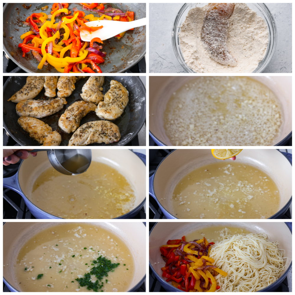 Crispy breaded chicken, angel hair pasta, and an amazing lemon garlic butter sauce combine to make this knockout chicken scampi. It's light, flavorful, and ready in less than 30 minutes! A collage of photos showing the chicken being breaded and sauce ingredients being mixed together.