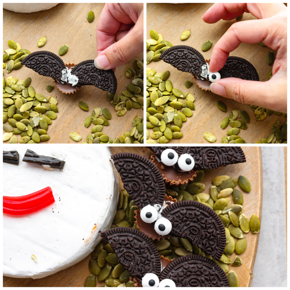 A tribute to the Sanderson Sisters, this Hocus Pocus charcuterie board will have all of your guests dying at not only the delicious variety of food but the uncanny resemblance to some of Halloween's most famous witches! 3 pictures showing how to make bats out of Oreos and Reeses Peanut Butter Cups.