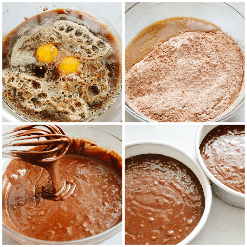 Impress your guests with this strawberry chocolate cake that is both gorgeous and decadently delicious. Rich layers of dark chocolate cake covered in sweet homemade strawberry frosting and fresh sliced strawberries...a match made in heaven! First photo of wet ingredients for chocolate cake together in a bowl. Second photo of dry ingredients for chocolate cake together in a bowl. Third photo of dry and wet ingredients mixed together. Fourth photo of cake batter divided into cake pans and ready to bake.