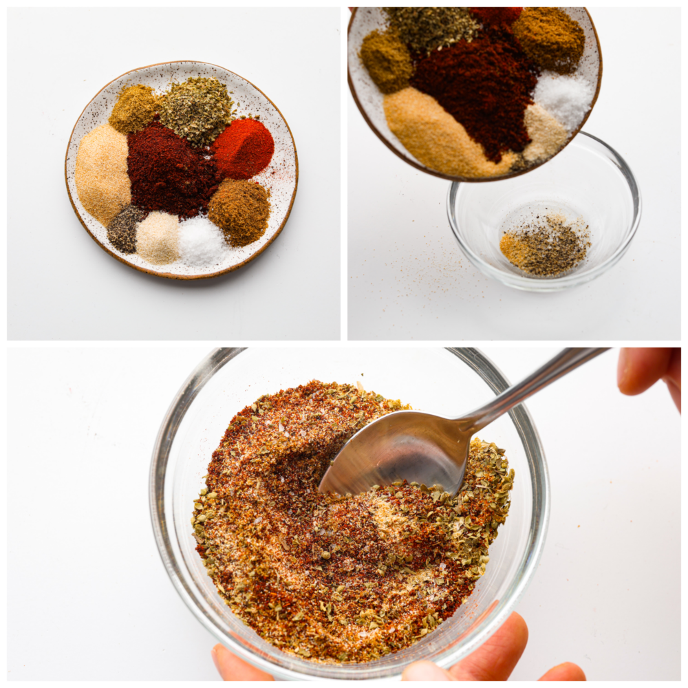 This tasty chorizo seasoning blend is so quick and easy to make but will add the BEST flavor to all of your favorite meat dishes! From sausage to veggies, you're going to love having this warm and savory blend of herbs and spices to use for homemade Mexican dishes! 3-photo collage of various seasonings being added to a glass bowl and mixed.