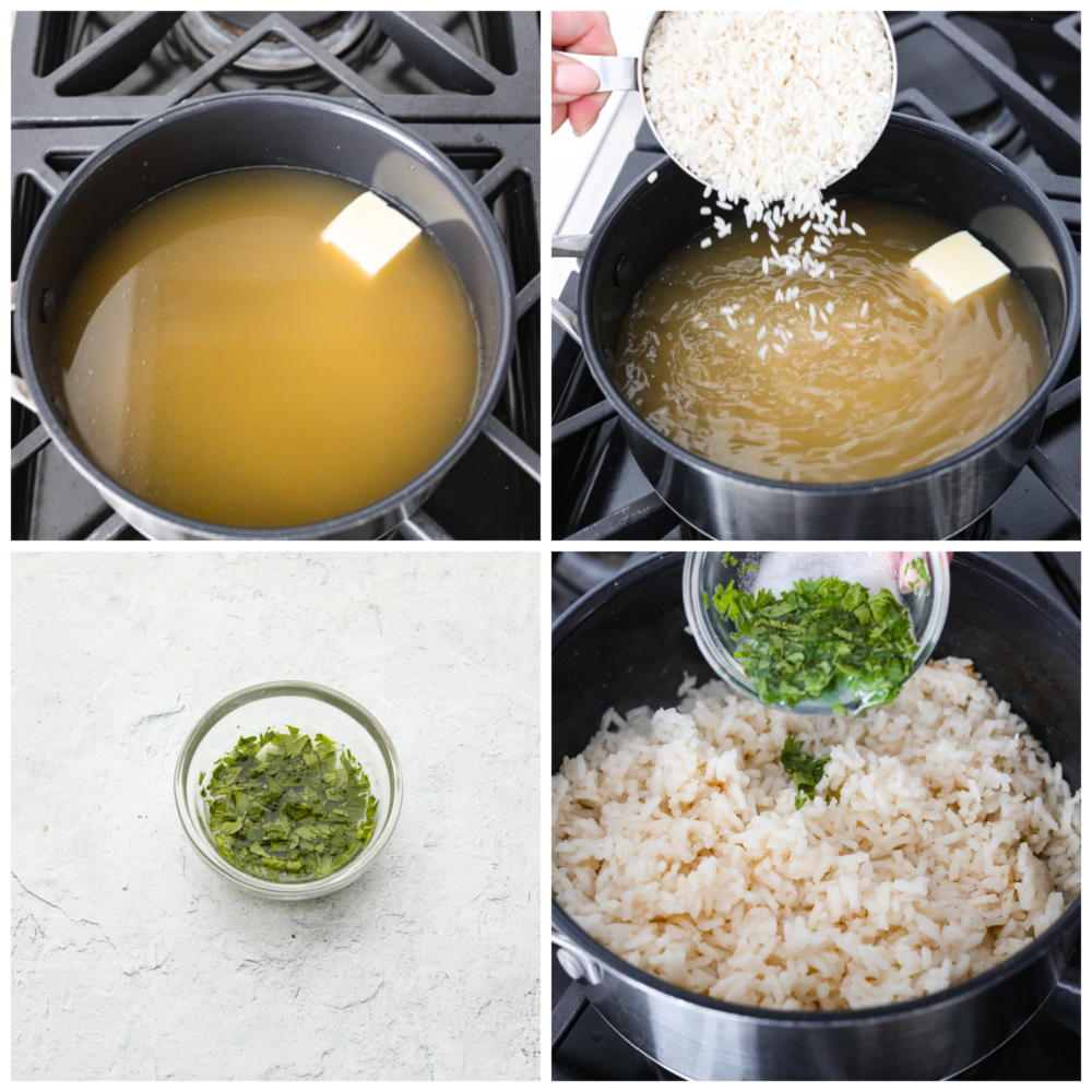 This cilantro lime rice makes the perfect side dish to complement any Mexican meal! It is packed with flavor, and the best part is... it takes less than 30 minutes to make! 4 pictures showing how to add all of the ingredients to a pan on the stove and add the cilantro to the cooked rice.