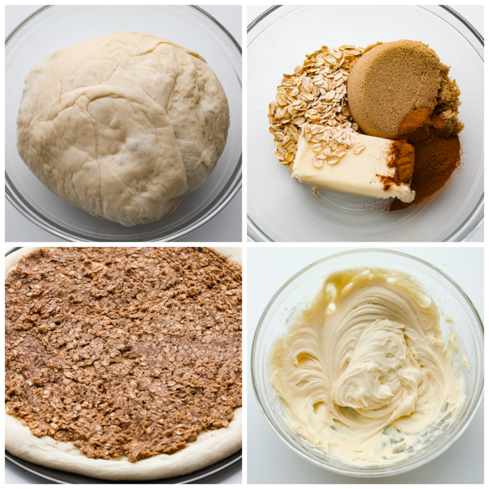 Inspired by Papa Murphy's cinnamon pizza, this dessert pizza has all of the goodness of a cinnamon roll! Buttery brown sugar cinnamon spread on top of quick and easy pizza dough and drizzled with a cream cheese glaze will make you go back for seconds! 4 pictures showing how to add the cinnamon topping to the crust and the glaze in a bowl.