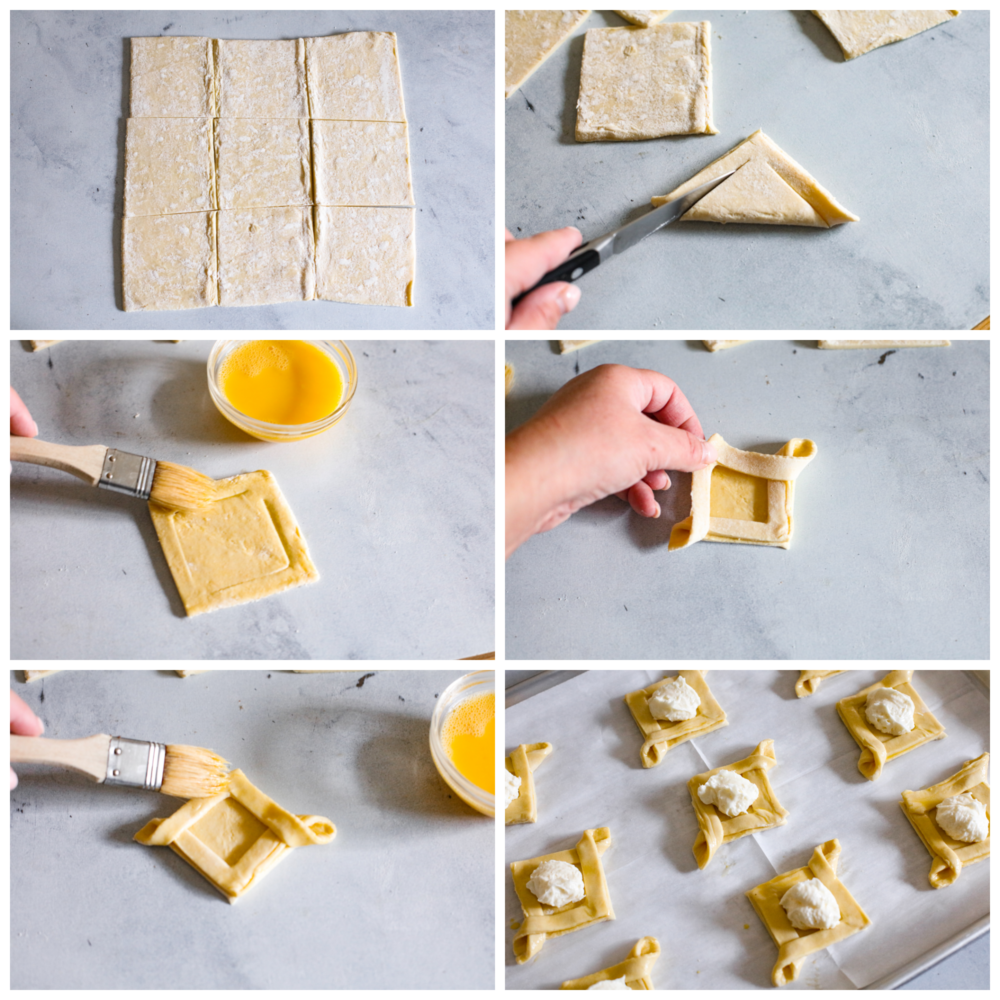 These cheese danishes are flaky, buttery, and full of tangy flavor. Topped with a sweet glaze and baked to perfection, this cheese danish recipe will make the perfect breakfast or dessert for any occasion. They were irresistibly good and gone way too fast! 6-photo collage of cheese danishes being prepared.