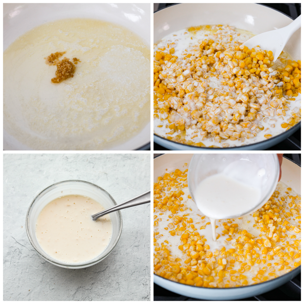 The ultimate side dish, this quick and easy creamed corn recipe is one you'll come back to again and again! It's buttery, creamy, and the perfect blend of savory and sweet! 4-photo collage of corn being cooked in a creamy sauce.