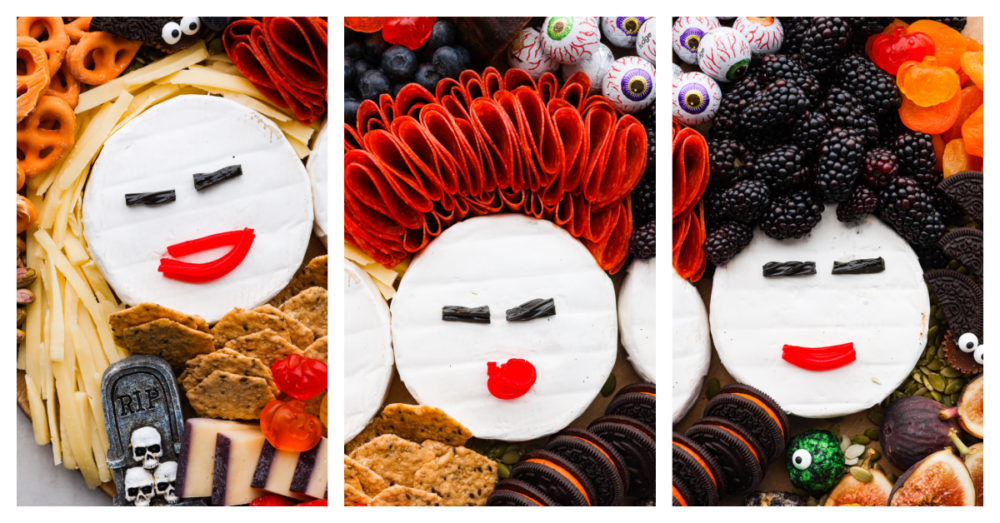 A tribute to the Sanderson Sisters, this Hocus Pocus charcuterie board will have all of your guests dying at not only the delicious variety of food but the uncanny resemblance to some of Halloween's most famous witches! 3 pictures of each of the witches faces on the board.