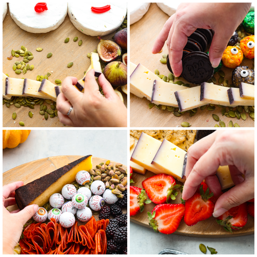 A tribute to the Sanderson Sisters, this Hocus Pocus charcuterie board will have all of your guests dying at not only the delicious variety of food but the uncanny resemblance to some of Halloween's most famous witches! 4 pictures showing how to add cheese slices, Oreos and strawberries to the Hocus Pocus Charcuterie board.
