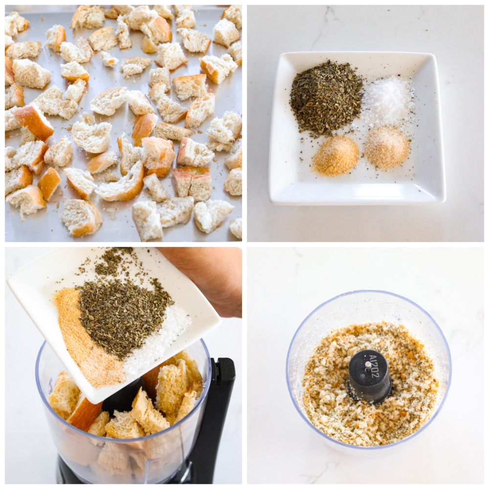 Having homemade breadcrumbs on hand is a great way to add extra flavor and texture to your meals. They're free of preservatives and are seasoned with delicious Italian herbs to level up all of your favorite recipes! 4-photo collage of bread torn into pieces, seasonings being mixed together, and then combined in a food processor.
