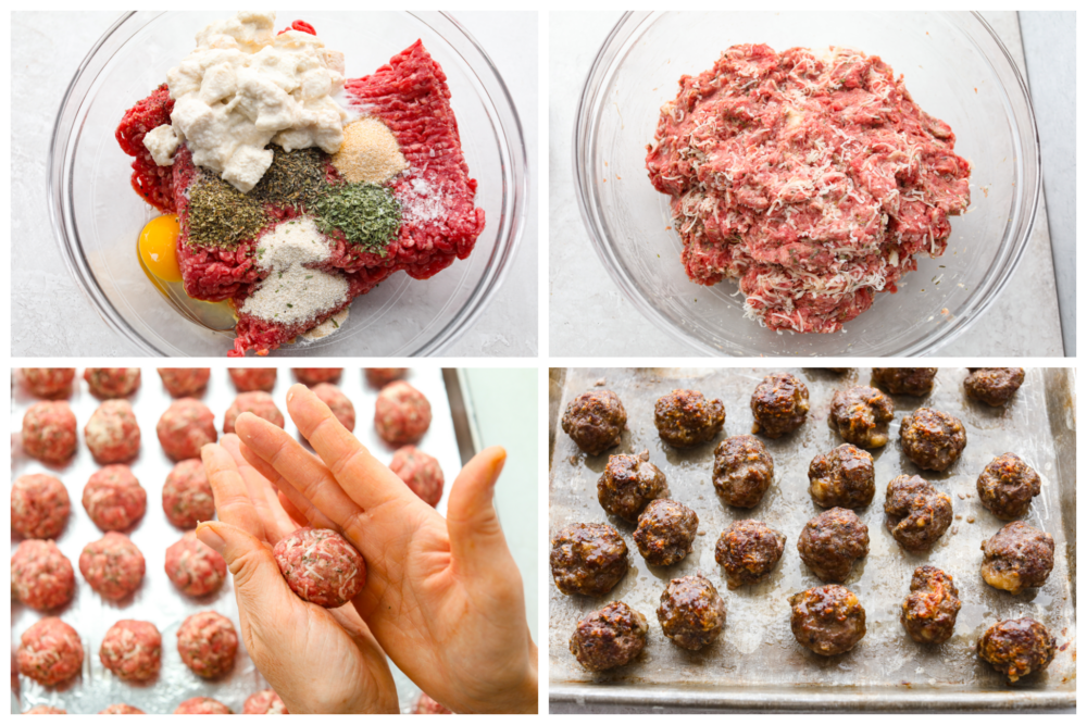 Whether you're making subs or spaghetti, these classic oven-baked meatballs are perfect for all of your favorite recipes. They're perfectly juicy and flavored with delicious seasonings and parmesan cheese! 4-photo collage of meatballs being prepared and shaped.