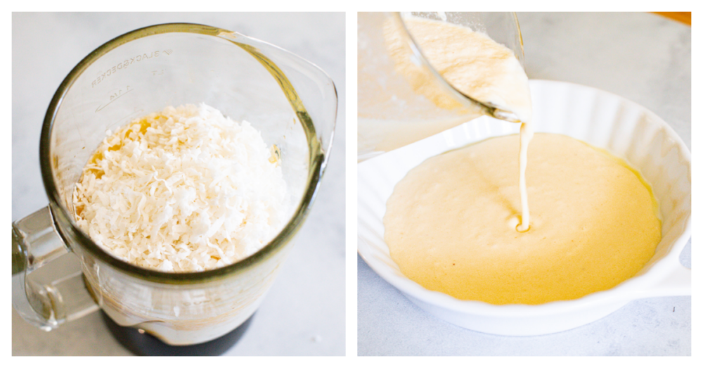 Don't be fooled by the name, this impossible pie is one of the easiest pies you'll ever make! Called "impossible" because it magically forms its own crust, you can have this pie ready for the oven in just 7 minutes. This pie is a classic for a reason- the creamy custard filling and crunchy topping are irresistible! 2-photo collage of batter ingredients being blended.
