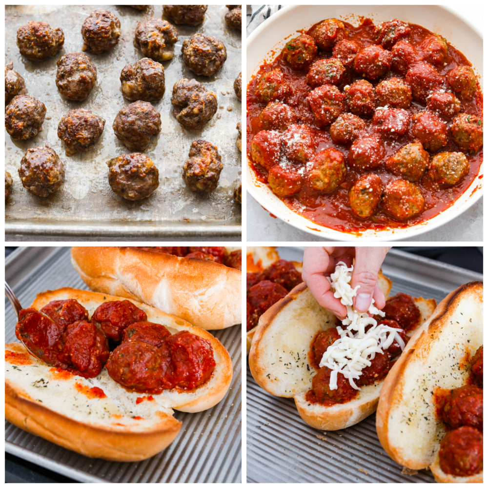This easy meatball sub is always a favorite for both kids and adults. From the juicy meatballs smothered in marinara sauce to the toasted bun and melty cheese on top...it's the perfect sandwich for game day or any day! Four process photos of assembling meatball subs. The first photo is baked meatballs on a sheet pan. The second photo is meatballs and marinara sauce mixed together in a white skillet. The third photo is meatballs and marinara being assembled on top of a toasted hoagie roll. The fourth phot is a close up view of shredded cheese being sprinkled on top of the meatball sub.