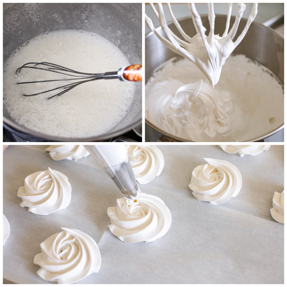 Meringue cookies are crispy on the outside and chewy on the inside. The whipped egg white base just melts in your mouth and tastes absolutely divine. They are a beautiful dessert for any occasion! Process photos showing egg whites in a bowl, them whipped into stiff peaks, and then them piped onto parchment paper.