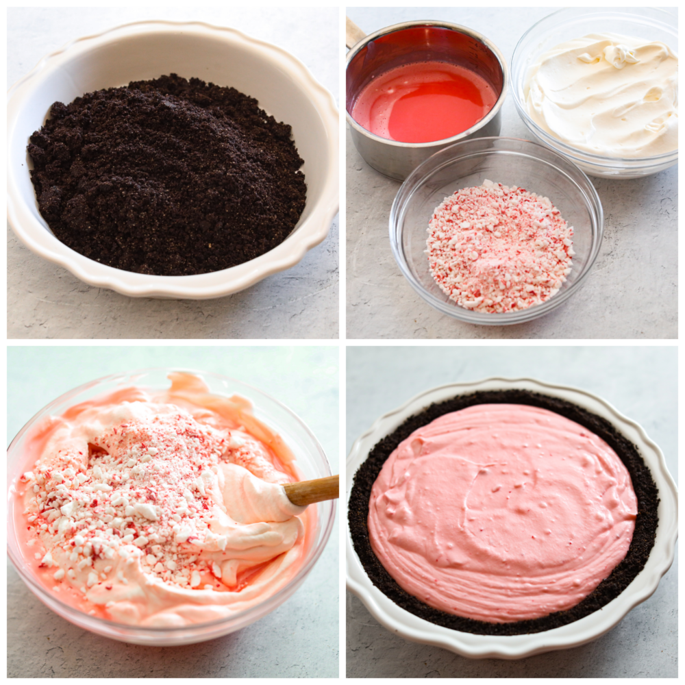 If you are looking for the perfect holiday dessert, then this is it! This Oreo Crust Peppermint Pie has all of the flavors that you want to serve your guests throughout the season. It's creamy and delicious, and you won't be able to stop at one slice! 4 pictures showing the crust, ingredients and filling of an oreo crust peppermint pie.