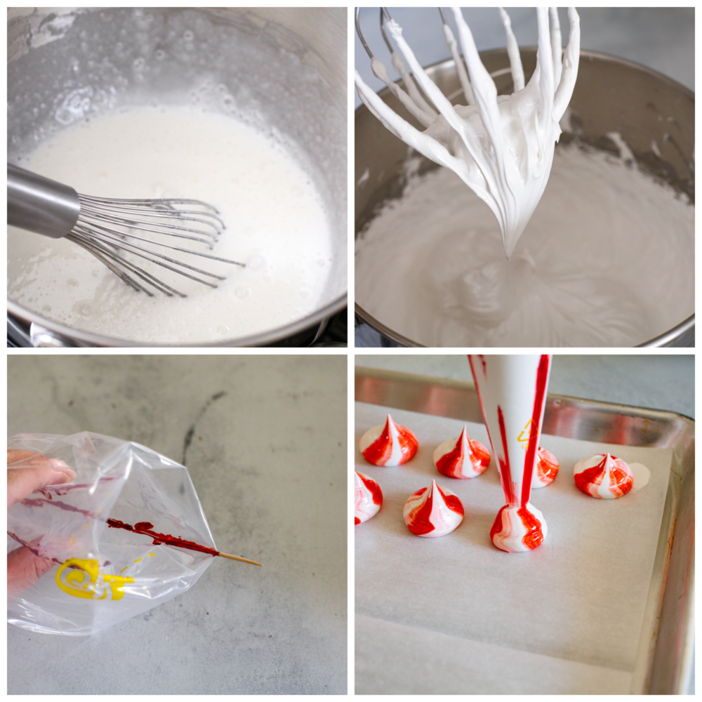 Peppermint Meringue Kisses are crunchy on the outside with a soft and chewy middle, and a peppermint flavor that is sweet and refreshing.ย They are the cutest little candies and are perfect for gifting this holiday season! Process pictures showing the egg whites being whipped to stiff peaks, and then piped into a kiss shape.