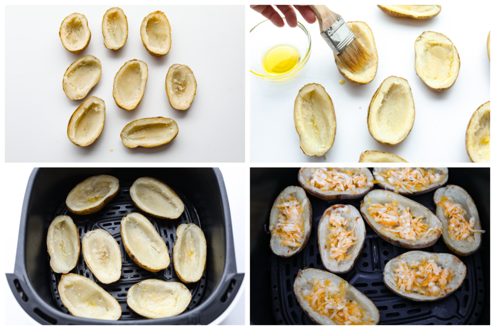 Air fryer potato skins are a quick and easy appetizer or side dish that everyone will love! Leftover baked potatoes turn into crispy and tender potato skins loaded with cheese, bacon crumbles, sour cream, and green onions. First process photo are the baked potatoes hollowed out. The second process photo is the olive oil being brushed onto the potato skins. The third process photo is the potato skins placed in the air fryer. The fourth process photo is the shredded cheese added to the potato skins in the air fryer.