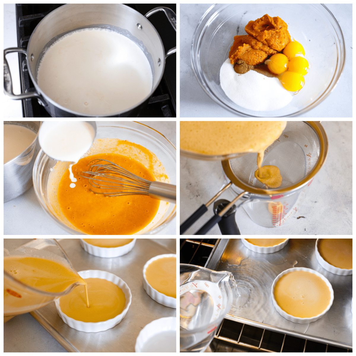 This creamy pumpkin crème brûlée adds a seasonal twist on a classic dessert. This delicious fall version of crème brûlée has pumpkin custard spiced to perfection and topped with a caramelized sugar coating. First photo of cream heating on the stove. Second photo of the pumpkin, sugar, egg yolks, and cinnamon in a bowl. Third photo of the hot cream added to the pumpkin mixture. Fourth photo of the custard being strained. Fifth photo of the custard pouring into the ramekins. Sixth photo of the water pouring around the ramekins on a cookie sheet.