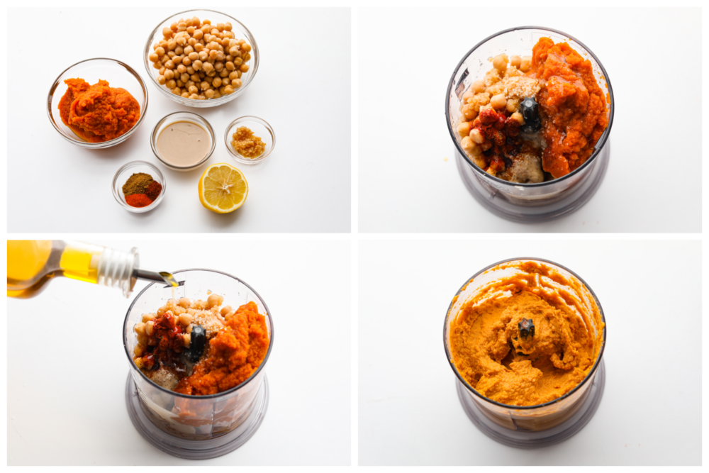 This spiced pumpkin hummus is the most delicious addition to all of your fall parties! Chickpeas, garlic, tahini, tasty seasonings, and rich pumpkin combine to create a flavorful fall appetizer you won't be able to get enough of. 4-photo collage of hummus ingredients being added to a food processor and blended.