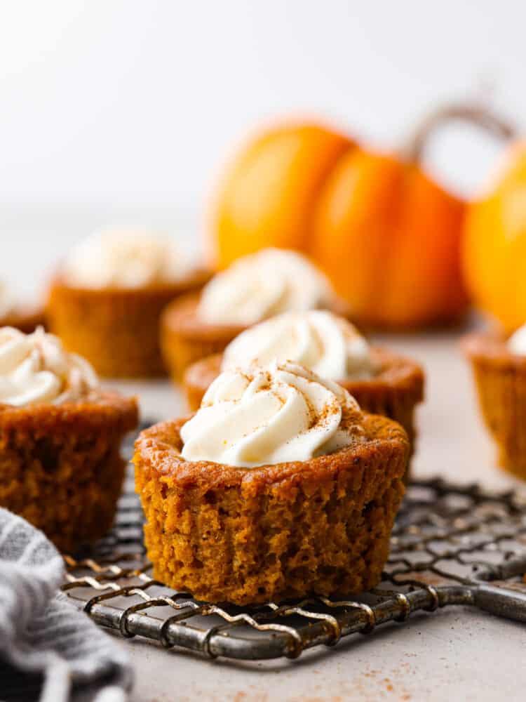 These moist and tender pumpkin pie cupcakes are all of the things you love about pumpkin pie, just bite-sized! Topped with amazing cream cheese whipping cream, these will be the BEST cupcakes you'll ever eat!! Closeup shot of a pumpkin pie cupcake on a wire cooling rack.