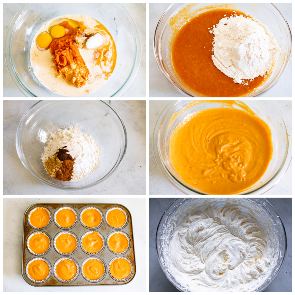 These moist and tender pumpkin pie cupcakes are all of the things you love about pumpkin pie, just bite-sized! Topped with amazing cream cheese whipping cream, these will be the BEST cupcakes you'll ever eat!! Collage of cupcake batter being mixed together and added to a muffin tin. Whipped cream cheese frosting ingredients are mixed together in a glass bowl.