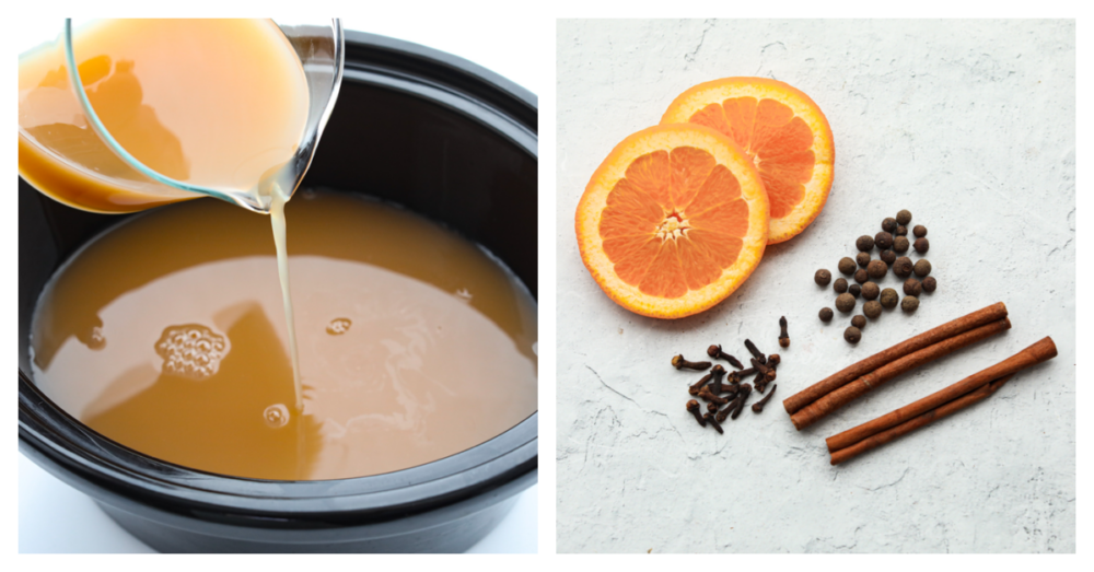 This easy crockpot apple cider is the must-have drink for this fall and winter! It has all the right spices and flavors and will warm you right up on those cold winter days! It's perfect for any holiday party or gathering! 2 pictures showing a crockpot of apple cider and the ingredients laid out on the counter, ready to go in.
