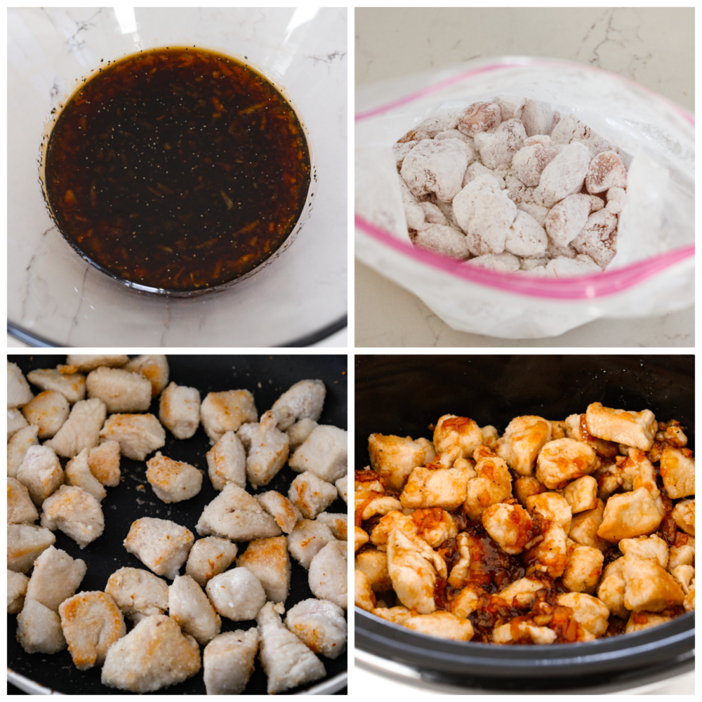 This delicious and tangy orange chicken is made right in your slow cooker! This is better than takeout! This tender chicken is coated in a irresistible sauce that will keep your family asking for this at least once a week! Four pictures showing how to coat the chicken, brown it and make the sauce.
