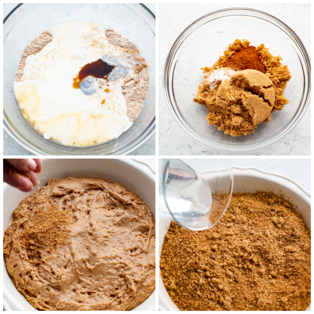 Snickerdoodle cobbler is loaded with cinnamon and creates its own caramel sauce while it bakes! It's soft, sweet and so delicious. It makes the perfect fall dessert that all of your guests will be dying to try! 4 pictures showing how to make the batter for snickerdoodle cobbler.