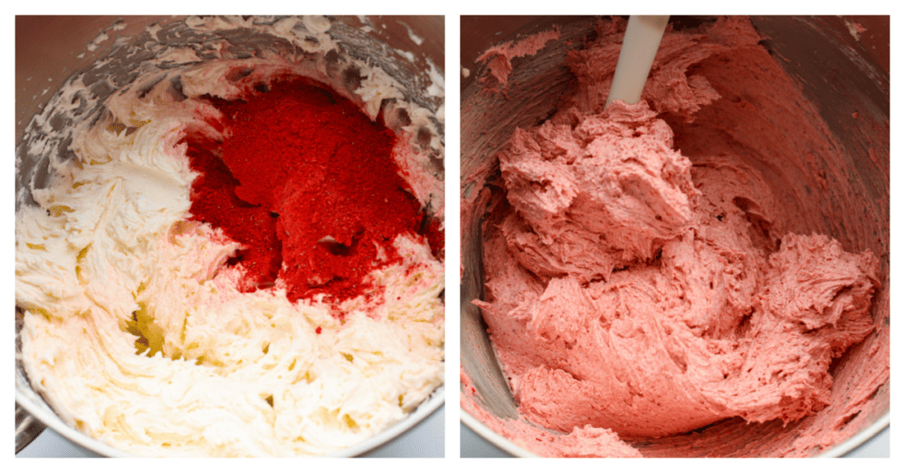 Impress your guests with this strawberry chocolate cake that is both gorgeous and decadently delicious. Rich layers of dark chocolate cake covered in sweet homemade strawberry frosting and fresh sliced strawberries...a match made in heaven! First photo of strawberry frosting ingredients in a bowl. The freeze-dried strawberry powder is added to the frosting ingredients. Second photo is the strawberry frosting ingredients all mixed together in a silver bowl.