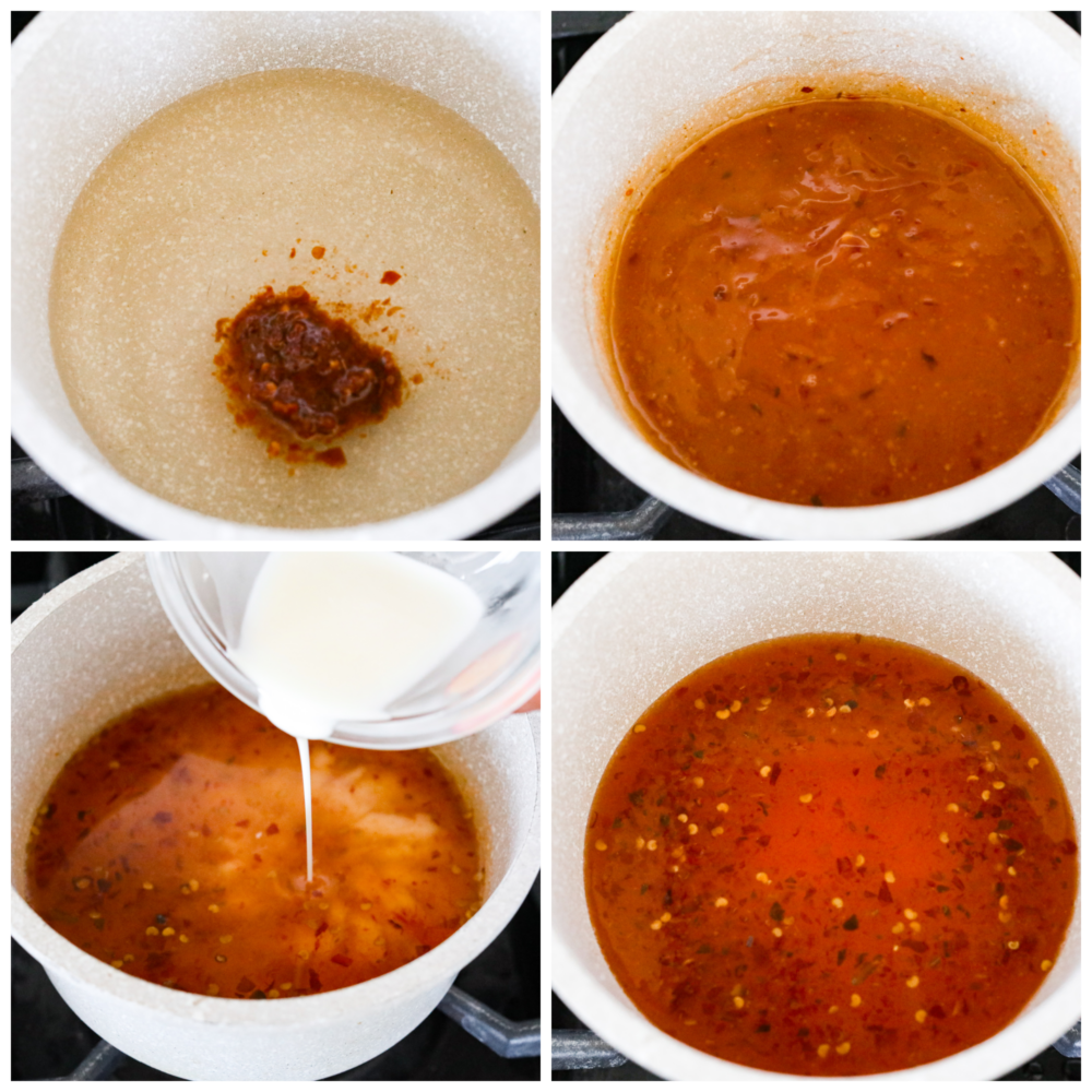 Homemade sweet chili sauce is the perfect dipping sauce to serve with chicken, seafood, and fried appetizers. A deliciously sweet and sour condiment full of Thai-inspired flavors, sugar, vinegar, and red chili paste. First process photo is the ingredients in a saucepan ready to be mixed. Second photo is of the mixture on the stove cooking and warming through. The third photo is the cornstarch mixture being poured into the sauce. The fourth photo is the finished sweet chili sauce in the saucepan.