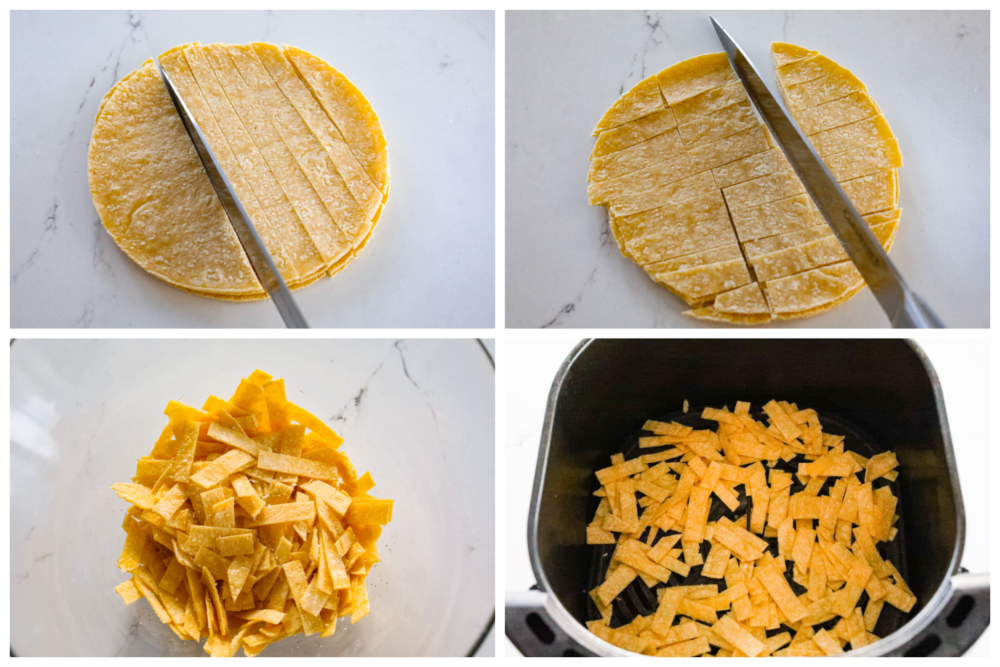 These delicious and easy air fryer tortilla strips are the perfect topping for any of your delicious salads or Mexican dishes! They are crispy, seasoned, and so good that you will want to put them on everything! 4 pictures showing how to cut the tortillas and add them to the air fryer basket.