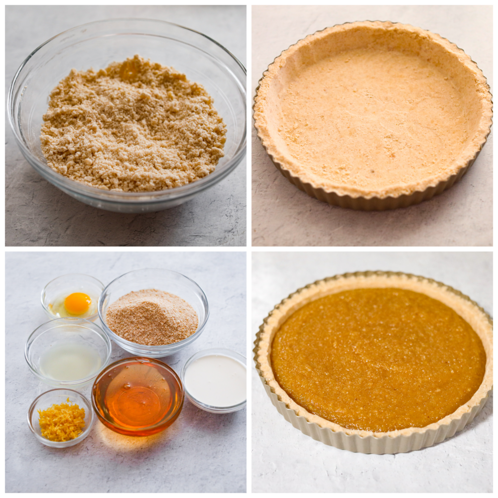 Treacle Tart is a buttery, creamy dessert brightened up by fresh lemon. The brown sugar shortbread crust is flaky and full of flavor. This tart is perfect for your holiday party or served with a cup of tea or coffee after dinner. Add a little whipped cream on top, and enjoy this delicious English dessert! Process photos showing a bowl full of flour, brown sugar and salt. The next photo shows a pan filled with a crust. The next photo shows all the ingredients for the filling in bowls. The last photo shows the crust filled with filling.