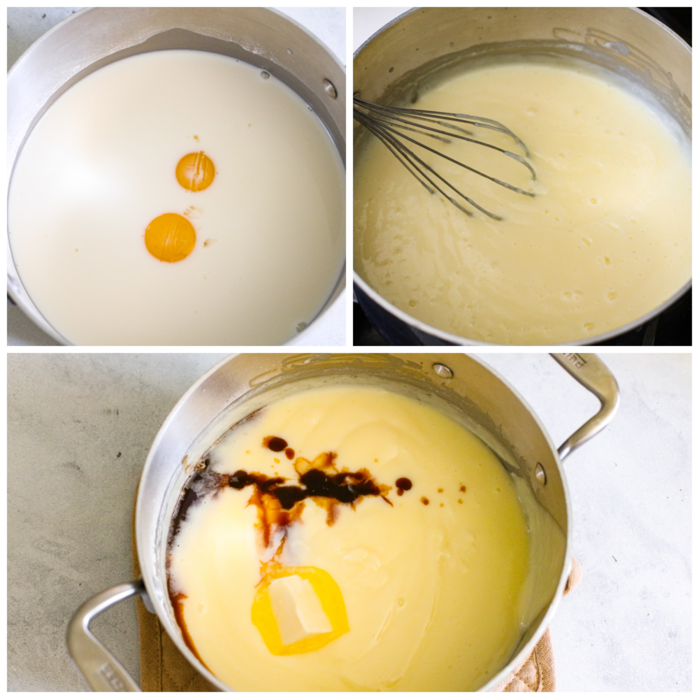 If you're looking for a tried and true vanilla pudding recipe, this is it! This homemade vanilla pudding is perfectly sweet, silky smooth, and really easy to make! 3-photo collage of pudding ingredients being whisked together and cooked.