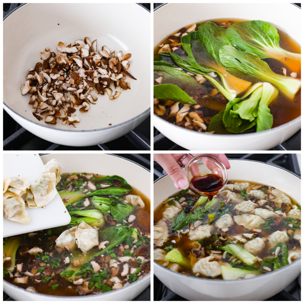 This homemade wonton soup is better than Chinese takeout and so easy to make! Enjoy the comforting flavors of tender wontons, vegetables, and warm broth seasoned with classic Chinese flavors of ginger, soy sauce, sesame oil, and garlic. First photo is the chopped mushrooms cooking in the pot. The second photo is the broth and bok choy added to the pot. Third photo is the wonton dumplings being added to the soup. The fourth photo is soy sauce being poured into the soup.