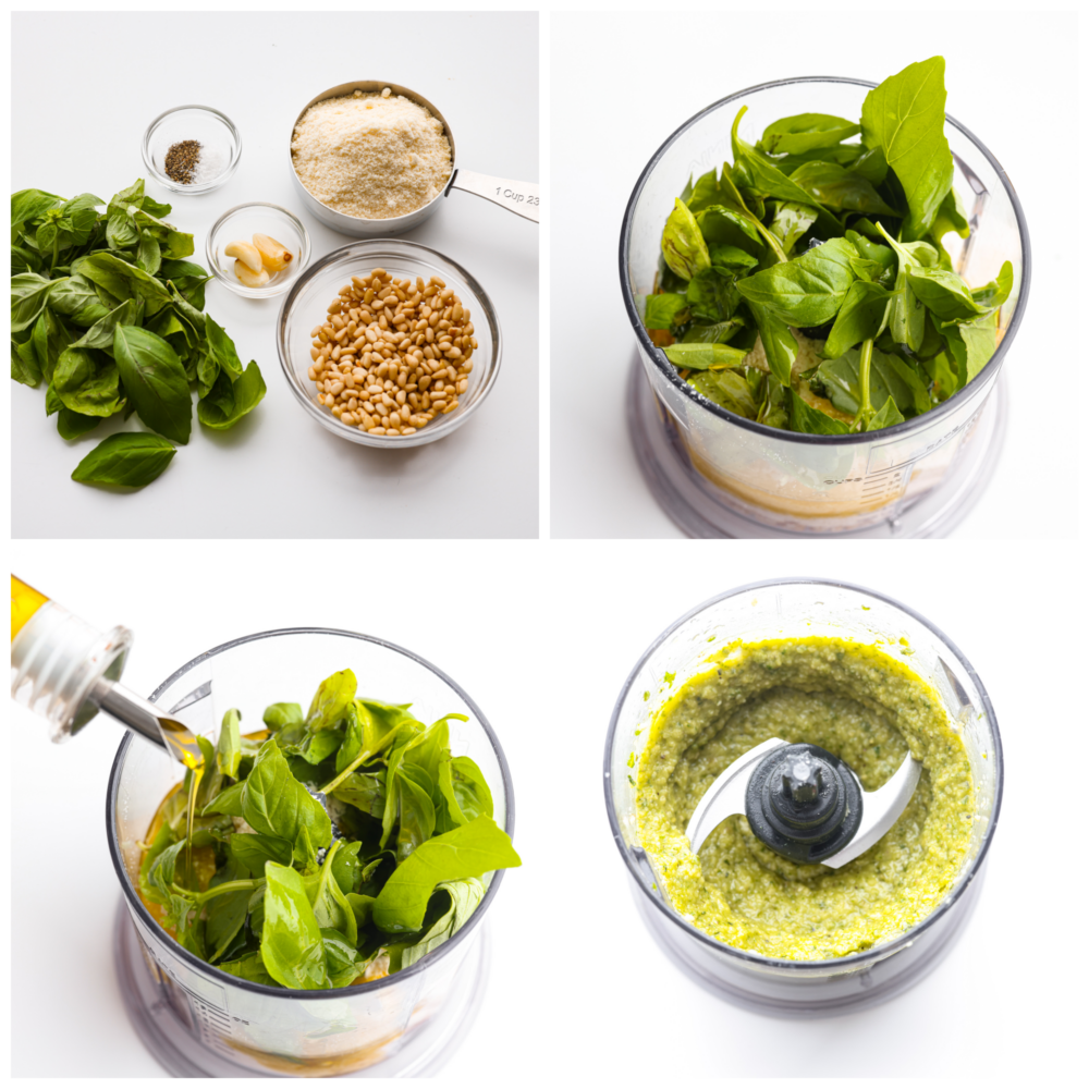 10-minute pesto pasta is made with fresh basil, parmesan, pine nuts, and olive oil. It brings incredible flavor to your pasta dish and is ready in no time at all!ย 4-photo collage of pesto ingredients being blended into a paste.