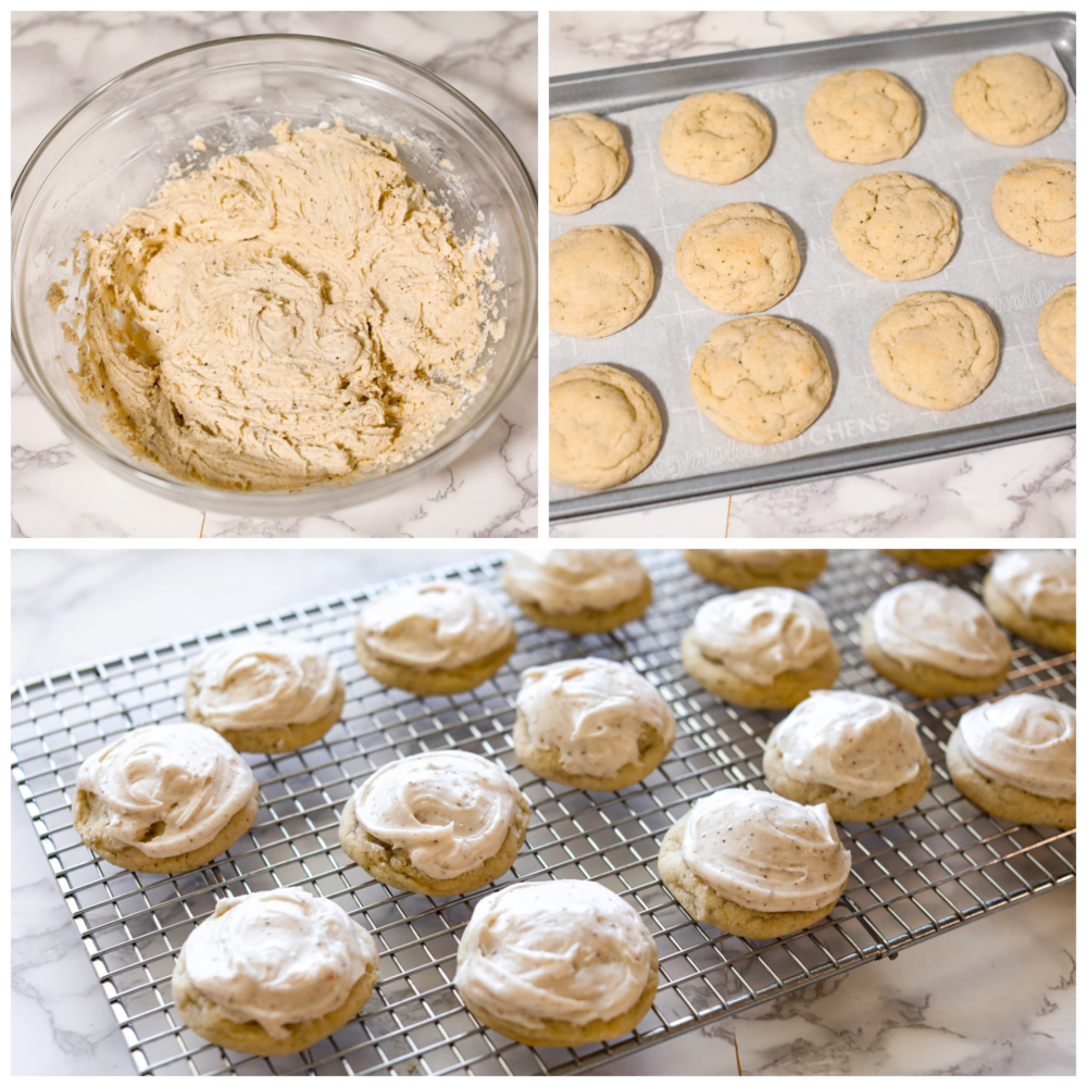 If you love warm Chai spices and soft chewy sugar cookies, this Taylor Swift Chai Cookie recipe is for you! Made popular by T Swift herself, these cookies are everything you're looking for in a fall treat. Get your sweaters on and turn up that Taylor Swift music, you're about to make your new favorite cookie! Process photos showing a bowl with batter in it, cookies baking on a sheet, and finished cookies frosted sitting on a wire rack.