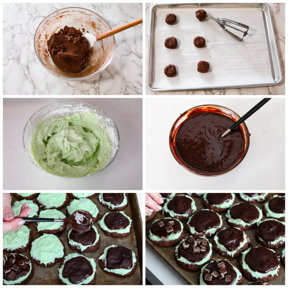 These Andes mint cookies are chewy and soft, topped with a lovely mint frosting and silky chocolate ganache. Andes mint candies sit on top and melt into the cookie as you chew, making it the perfect bite every time! Process photos showing the cookie dough in a bowl, then scooped out on to a baking sheet. The frosting and ganache in bowls, then the cookies being frosted and topped with ganache and Andes mints.