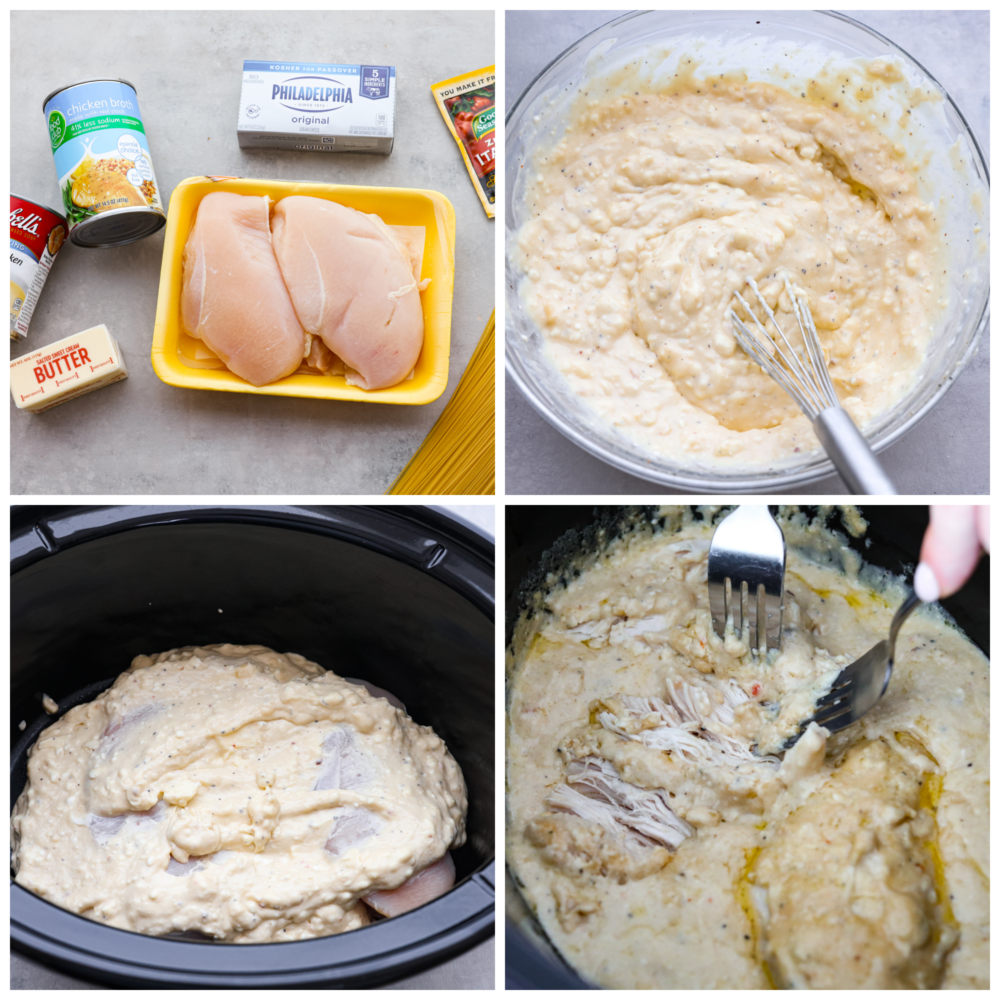 Slow cooker angel chicken is a quick and easy weeknight meal that your family will request all the time! Tender chicken cooked in a creamy Italian-flavored sauce and served on a bed of angel hair pasta. First photo is the ingredients for slow cooker angel chicken placed on a gray countertop. Second photo is the sauce ingredients mixed together in a large bowl with a whisk. Third photo is the chicken and sauce mixture in the crockpot before it cooks. Fourth photo is two forks shredding the cooked chicken in the crockpot.