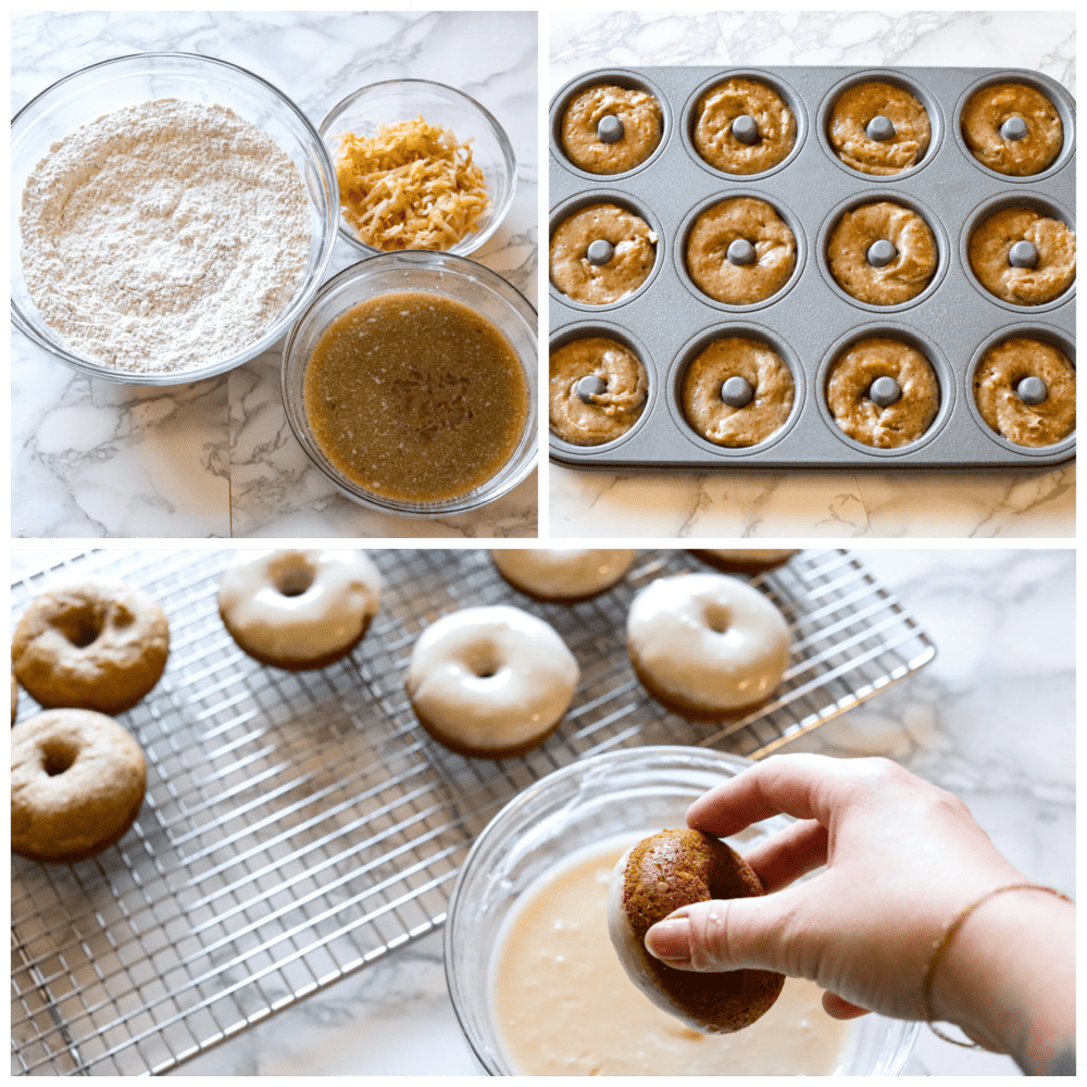 These baked apple cider donuts are rich, soft, and filled with spiced apple flavor! Topped with a creamy apple glaze, they almost look too good to eat! Theyโre the perfect addition to any fall get-together. 3-photo collage of donut batter being prepared, added to a pan, and then baked donuts being glazed with frosting.