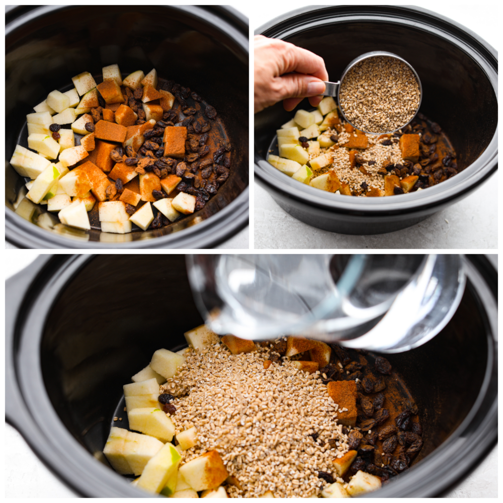 This cinnamon apple oatmeal is easily made in the slow cooker for a creamy, hearty breakfast that everyone will love. It's so nice to wake up in the morning and enjoy a ready-made breakfast filled with steel-cut oats, chopped apples, and raisins! 3-photo collage of steel-cut oats, apples, raisins, and sweetener being added to a slow cooker.