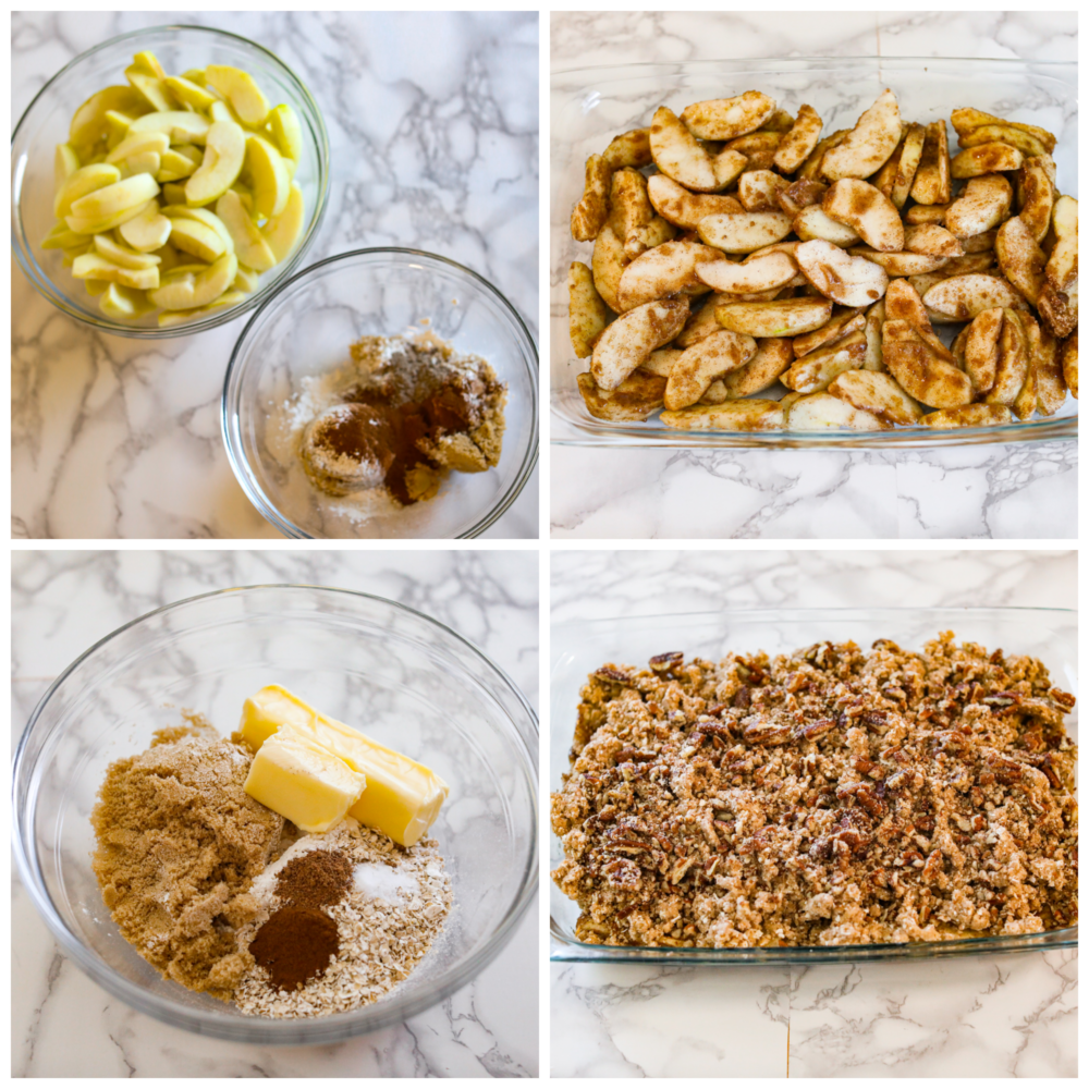 Apple pecan crisp is so easy to make and is the perfect fall dessert! The crisp apples, crunchy pecans hidden throughout, and a buttery cinnamon sugar crumb topping are the perfect combo! 4 pictures showing the steps on how to make apple pecan crisp.
