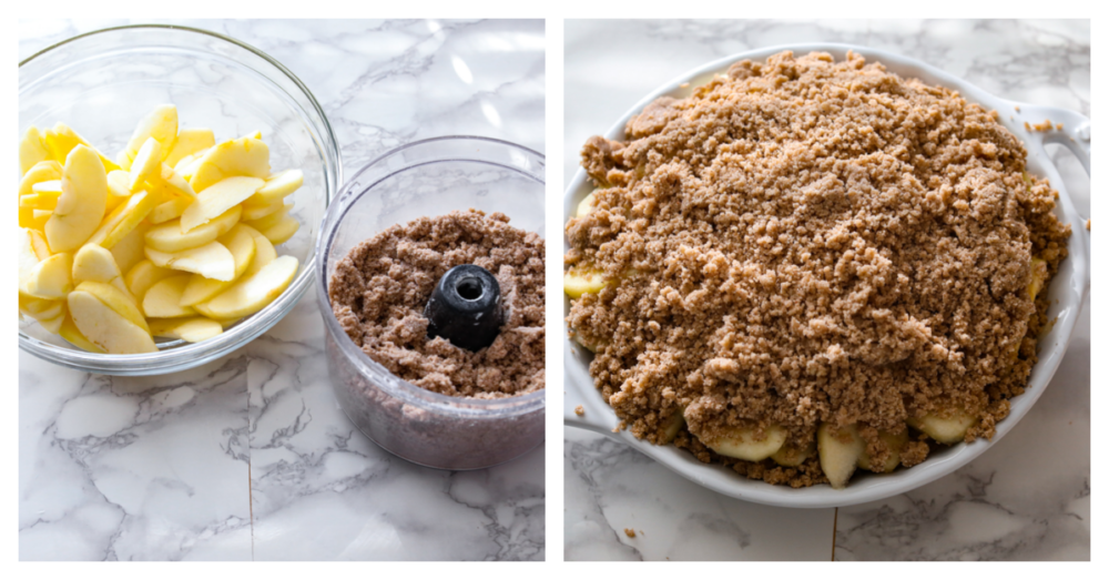 An Apple Brown Betty is the ultimate comfort dessert, filled with tender apples coated in a brown sugar-spiced crumble. With its warm, cozy flavors, this classic treat captures the essence of fall in every bite. Process photos showing cut up apples in a bowl next to a food processor with the crumble in it, and then all of them combined in a baking dish.