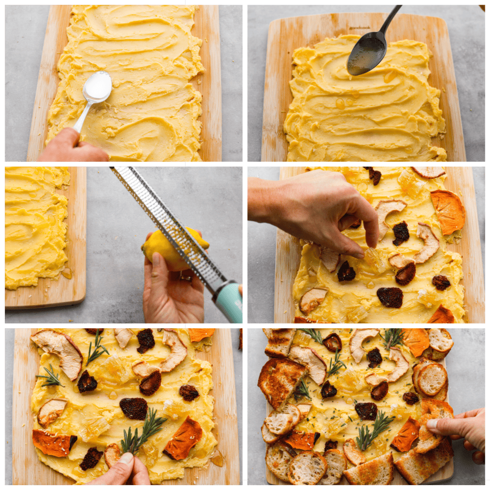 A butter board is the latest trend that you absolutely MUST TRY for your next gathering! This board is packed with the most delicious butter that is drizzled with honey and lemon zest and adds the perfect touch to your favorite bread! Six pictures showing the steps of layering all of the ingredients on a butter board.
