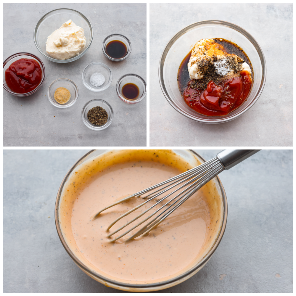 The popular cane's sauce from Raising Cane's restaurant can be made at home with this identical copycat version. This creamy and tangy dipping sauce is packed with savory smoky flavors perfect for chicken, fries, or as a burger spread. First photo is the ingredients separated in small clear bowls. Second photo is all of the ingredients combined into one bowl. Third photo is the ingredients whisked together with the whisk is in the bowl.