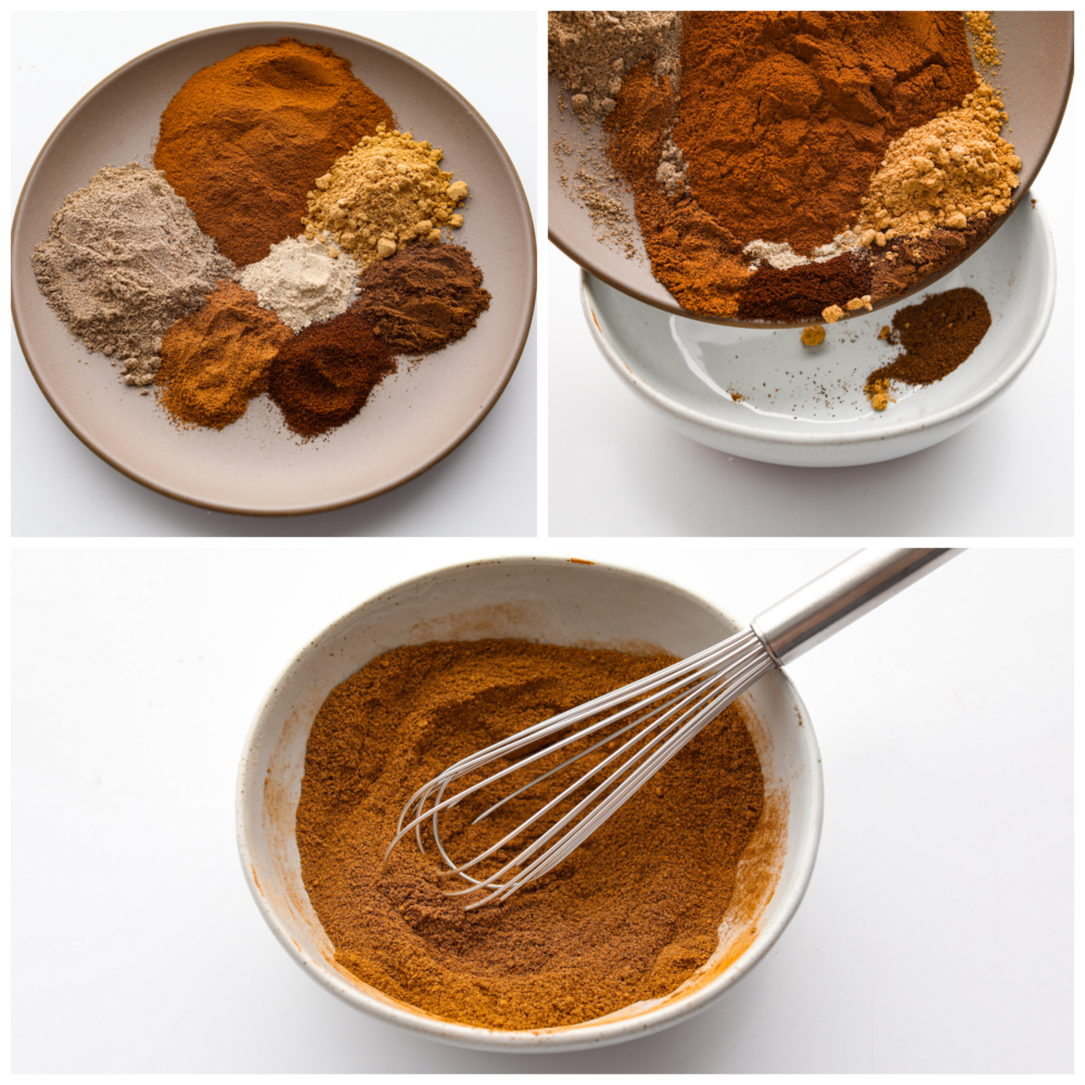 There are so many great reasons to make Chai Spice at home! It is a blend of warm fall spices that make it perfect for cakes, cookies, and even your coffee or tea! Process photos showing spices added to a bowl, and those spices being combined with a whisk